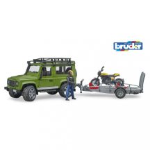   Bruder Land Rover Defender utánfutóval, Scrambler Ducati motorkerékpárral és sofőrrel (02589)