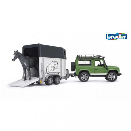 Bruder Land Rover Defender lószállítóval és lóval (02592)