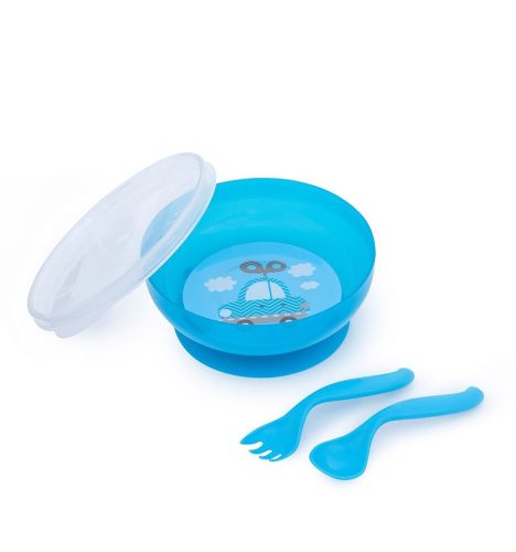 Canpol Babies Csúszásmentes műanyag tál fedéllel és evőeszközökkel 350 ml (9h+) - Kék