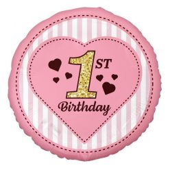 1st Birthday Pink, Első születésnap fólia lufi 36 cm