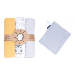   MTT Textil pelenka 3 db + Mosdatókesztyű - Sárga - Fehér - bagoly és nyuszi