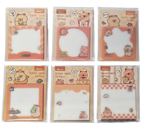 Kapibara jegyzettömb, 76x76mm, 50 lapos, átlátszó, csillogó papír, többféle mintával