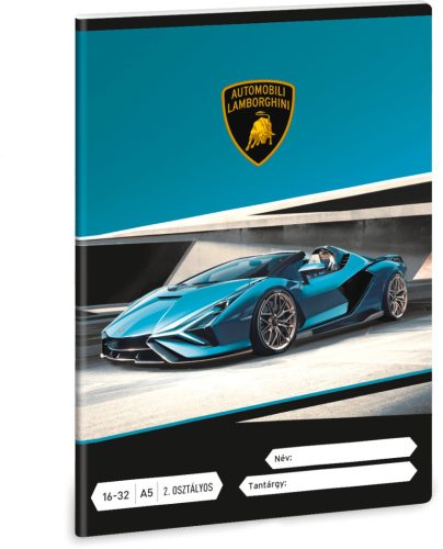 Lamborghini, autós tűzött füzet A/5, 32 lap vonalas 2.osztály (16-32), fekete-szürke-kék