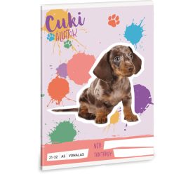   Cuki állatok tűzött füzet A/5, 32 lap vonalas (21-32), kutya, harlekin tacskó, 2025