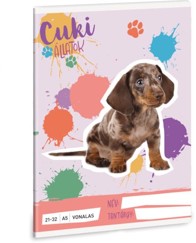 Cuki állatok tűzött füzet A/5, 32 lap vonalas (21-32), kutya, harlekin tacskó, 2025