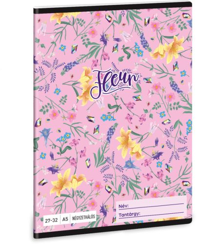 Fleur tűzött füzet A/5, 32 lap kockás, rózsaszín, virágos