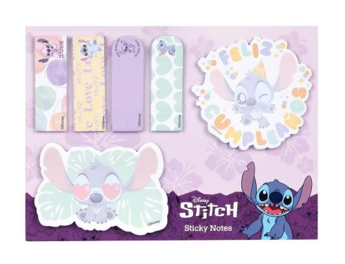 Stitch jegyzettömb-, jelölőcímke készlet, 6 db-os, asztali tartóval, Feliz Cumpleanos