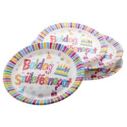   Boldog születésnapot papír tányér, 23cm-es, 6 db/csomag, vidám színek