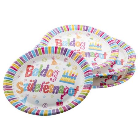 Boldog születésnapot papír tányér, 23cm-es, 6 db/csomag, vidám színek
