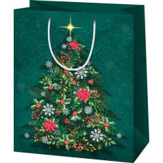   Karácsonyi ajándéktáska 14x11x6cm, kicsi, zöld, fenyőfa