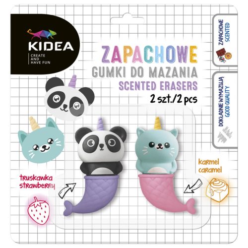 Illatos radír szett, 2 db / csomag, sellő panda és cica (karamell és eper illat), Kidea