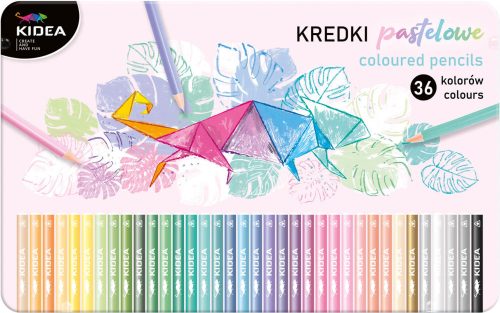 Színes ceruzakészlet, 36 db-os, fémdobozos, pasztell, háromszög test, Kidea