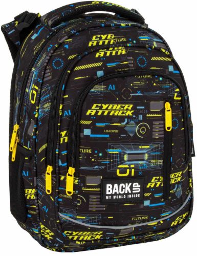Fiús hátizsák, iskolatáska, 3 rekeszes, 39x27x20cm, BackUp, 2025, R50, fekete-sárga, Cyber Attack