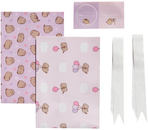 Pusheen cicás ajándékcsomagoló szett (2 ív 50x70m-es csomagolópapír, gyorsmasni, ajándékkísérő matrica)