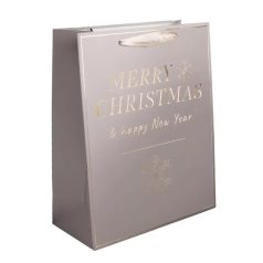   Karácsonyi ajándéktáska 32x26x12cm, nagy, barna, Merry Christmas and Happy New Year felirattal