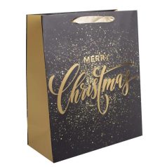   Karácsonyi ajándéktáska 32x26x12cm, nagy, fekete, Merry Christmas felirattal