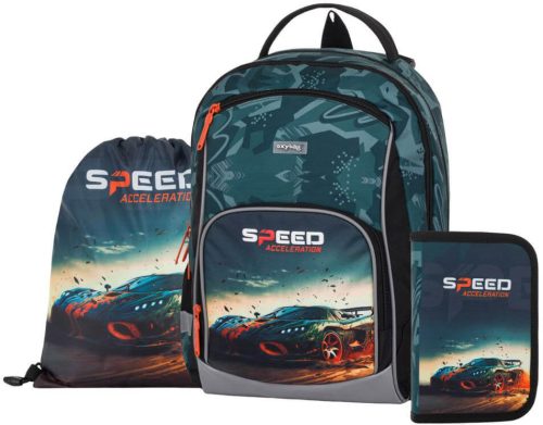 Autós ergonómikus hátizsák, iskolatáska tolltartóval és tornazsákkal, OXY GO Car, Speed Acceleration