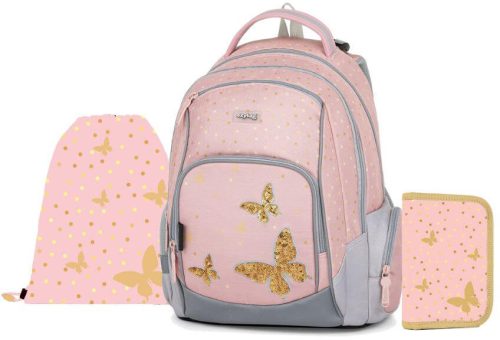 Lepkés ergonómikus hátizsák, iskolatáska tolltartóval és tornazsákkal, OXY GO Butterfly, barack színű