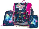 Lepkés mágneszáras ergonómikus iskolatáska tolltartóval és tornazsákkal, Premium Light, Butterfly, sötétkék