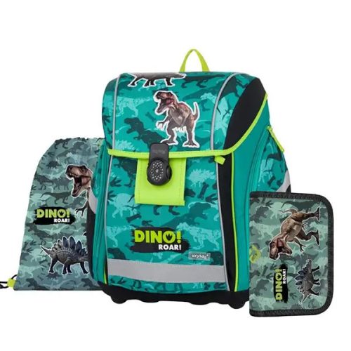 Dinoszaurusz mágneszáras ergonómikus iskolatáska tolltartóval és tornazsákkal, Premium Light, Dino Roar