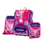 Minecraft mintás csatos ergonómikus iskolatáska tolltartóval és tornazsákkal, Premium, Playworld Girl, lila-rózsaszín