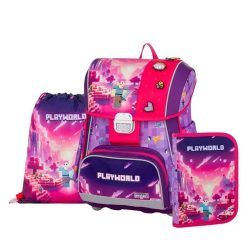   Minecraft mintás csatos ergonómikus iskolatáska tolltartóval és tornazsákkal, Premium, Playworld Girl, lila-rózsaszín