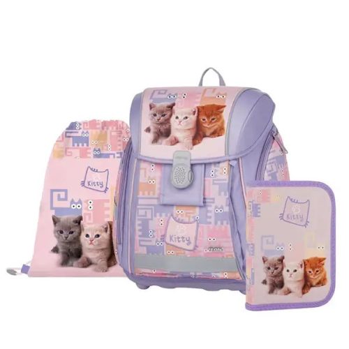 Cicás mágneszáras ergonómikus iskolatáska tolltartóval és tornazsákkal, Premium Light, Pets, rózsaszín
