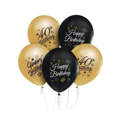   Színes Happy Birthday 40 Gold-Black léggömb, lufi 5 db-os 12 inch (30 cm)