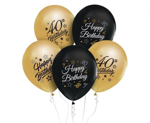 Színes Happy Birthday 40 Gold-Black léggömb, lufi 5 db-os 12 inch (30 cm)