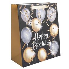   Dísztasak matt 11x14 cm arany és ezüst lufik Happy Birthday felirattal
