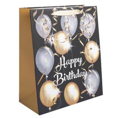   Dísztasak matt 31x42 cm arany és ezüst lufik Happy Birthday felirattal