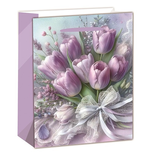 Dísztasak matt 26x32 cm lila tulipáncsokor
