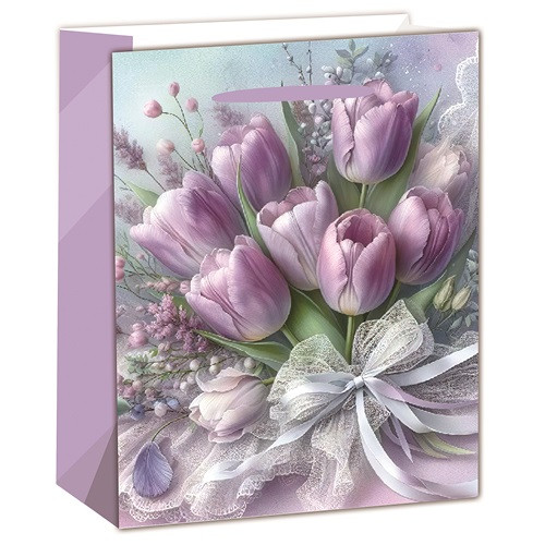Dísztasak matt 18x23 cm lila tulipáncsokor