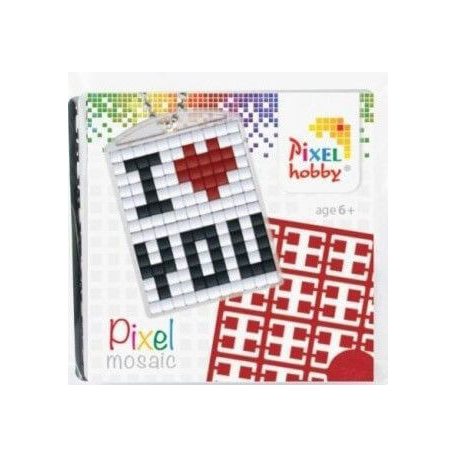 Pixel kulcstartókészítő szett 1 kulcstartó alaplappal, 3 színnel, I love you