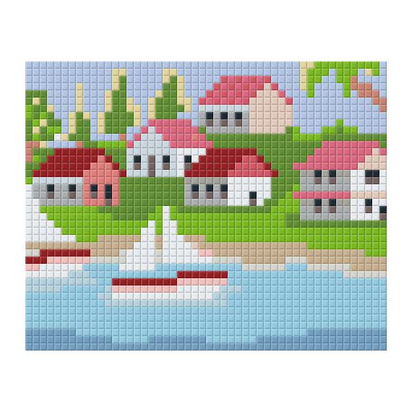 Pixel szett 1 normál alaplappal, színekkel, házak tóval (801253)
