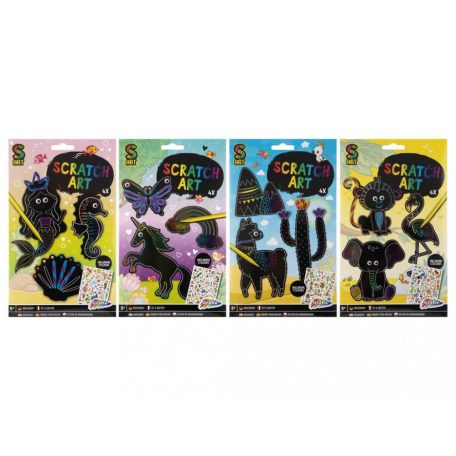 Képkarcoló szett, 4 figura kiegészítőkkel, 4 féle változat (hableány, unikornis, láma, vadállatok)