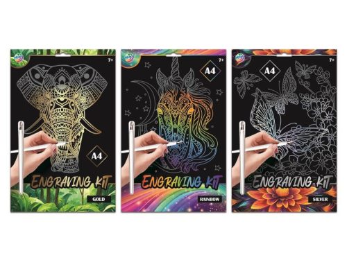 Képkarcoló szett, A/4, 3 féle változat (elefánt, unikornis, lepkék)
