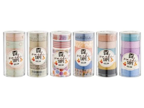 Öntapadós papírszalag, washi-tape, 6 x 2,5m, 6 db/csomag, 6 féle változat