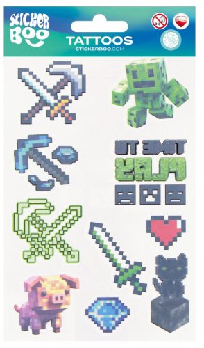 Tetoválás matrica szett, pixel formák, Minecraft minta 10x17,5cm, Sticker Boo