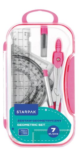 Geometria készlet, körző és vonalzó szett, 7 db-os, műanyag dobozban, Starpak, rózsaszín