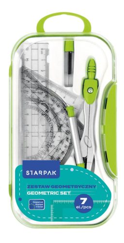 Geometria készlet, körző és vonalzó szett, 7 db-os, műanyag dobozban, Starpak, zöld