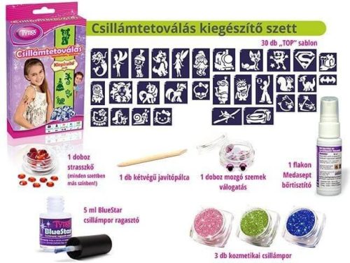 Csillámtetoválás kiegészítő készlet, mese szett (30 sablon, ragasztó, strasszkő, csillámpor, bőrtisztító)