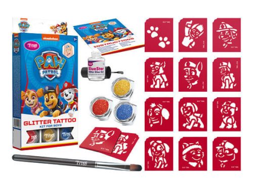 Csillámtetoválás szett, Paw Patrol fiús (kék) 12 sablonnal és 3 csillámporral