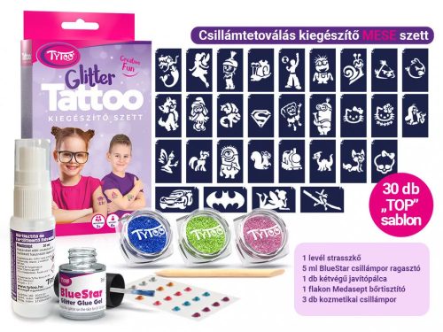 Csillámtetoválás kiegészítő készlet, mese szett (30 sablon, ragasztó, strasszkő, csillámpor, bőrtisztító)