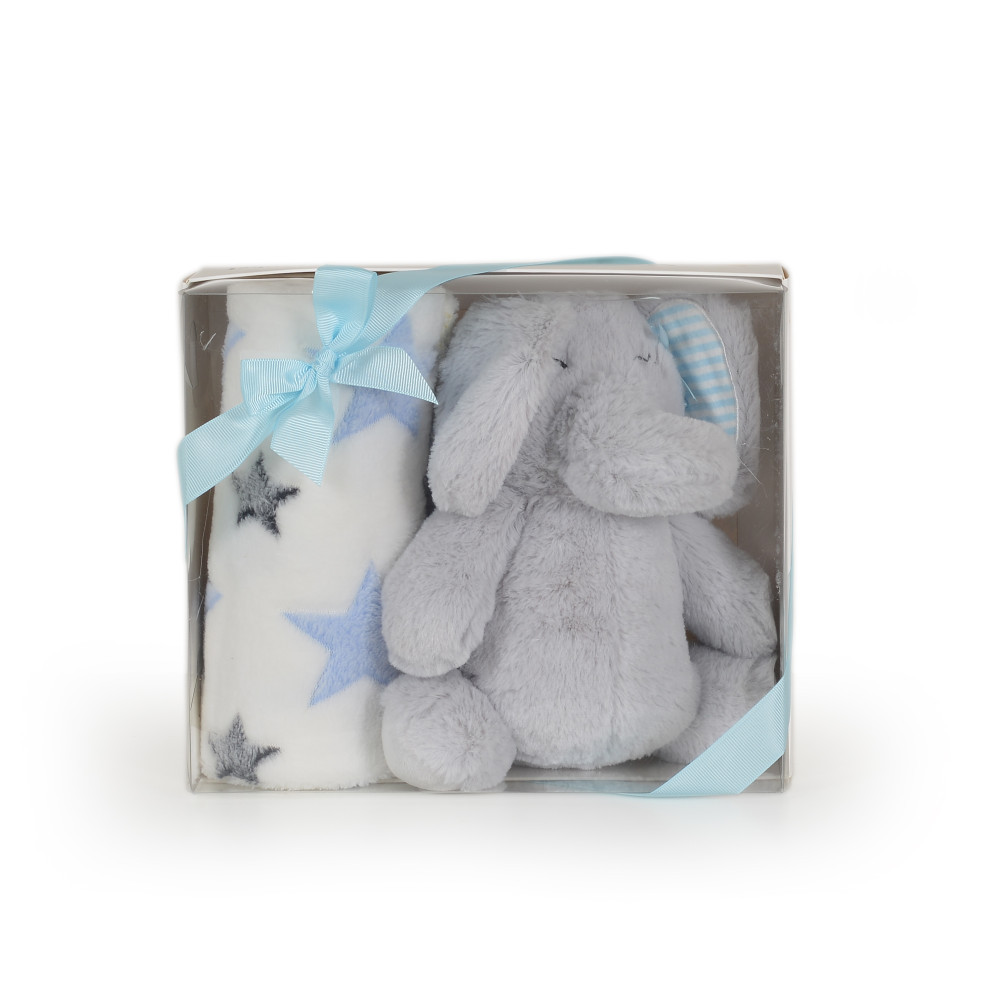 Cangaroo Ajándékdobozos plüss takaró (90x75 cm) - Plüss elefánt játékkal - Kék csillagok
