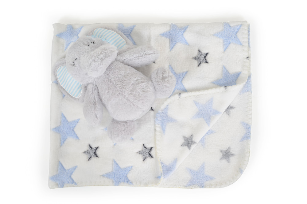 Cangaroo Ajándékdobozos plüss takaró (90x75 cm) - Plüss elefánt játékkal - Kék csillagok